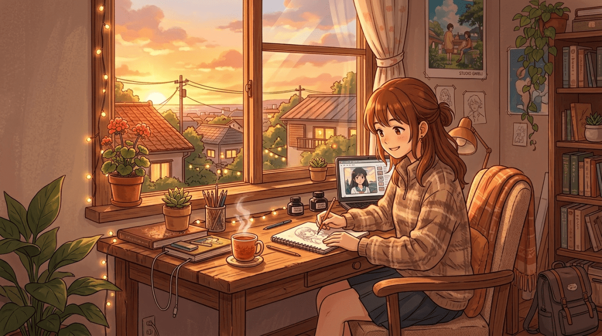 Young girl sketching in cozy room with laptop, plants, and sunset outside window